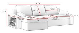 Monviso kinyitható sarokkanapé polccal, univerzális oldal, normál szövet, hab töltőanyag, bal oldali polc, szín - szürke / fehér