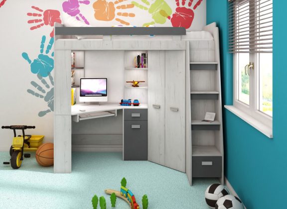 Antresola Gyermek Emeletes ágy íróasztallal, Jobb oldali létrával és gardróbbal  Craft fehér- grafit